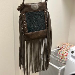 Brown and teal small bag. New leather fringe bag.